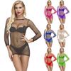 Women's Sexy Mesh Mini Dress Long Sleeve See-Through Nightwear Lingerie for Clubwear Party