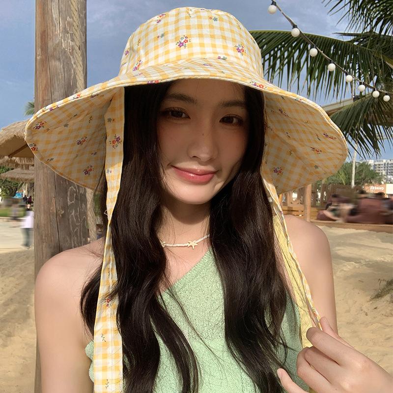 Doppelseitiger karierter Bucket Hat mit breiter Krempe zum Schnüren Sommer Outdoor Vielseitiger Sonnenschutz Süße kontrastfarbene karierte Damenmützen