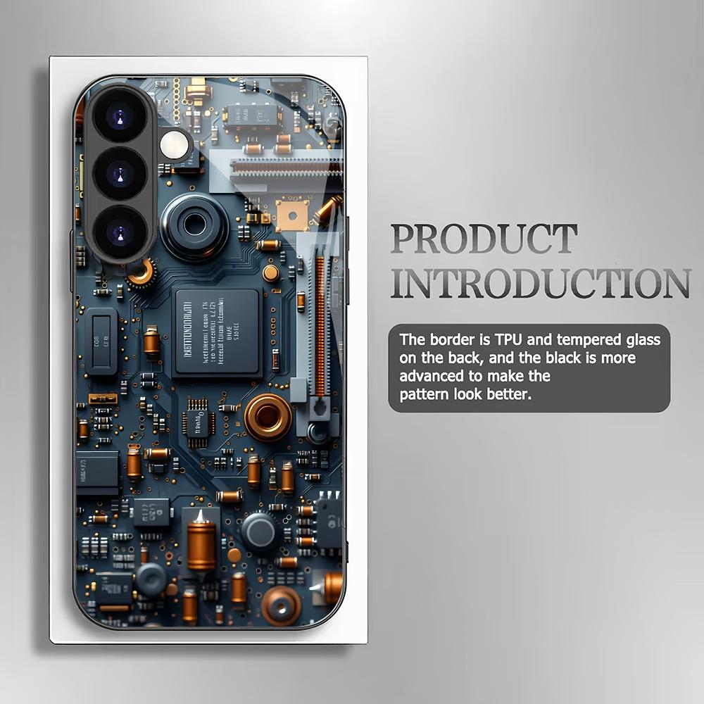 Mechanical circuit pattern glass phone case suitable for Samsung GalaxyS26 S25 S24 S23 S22 S20FE Ultra Plus5Ganti drop backcover