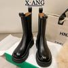 Leather Cigarette Boots Women's Boots Medium Boots 2025 Autumn and Winter New Thick-soled Heightening Small Chelsea Boots Short Boots