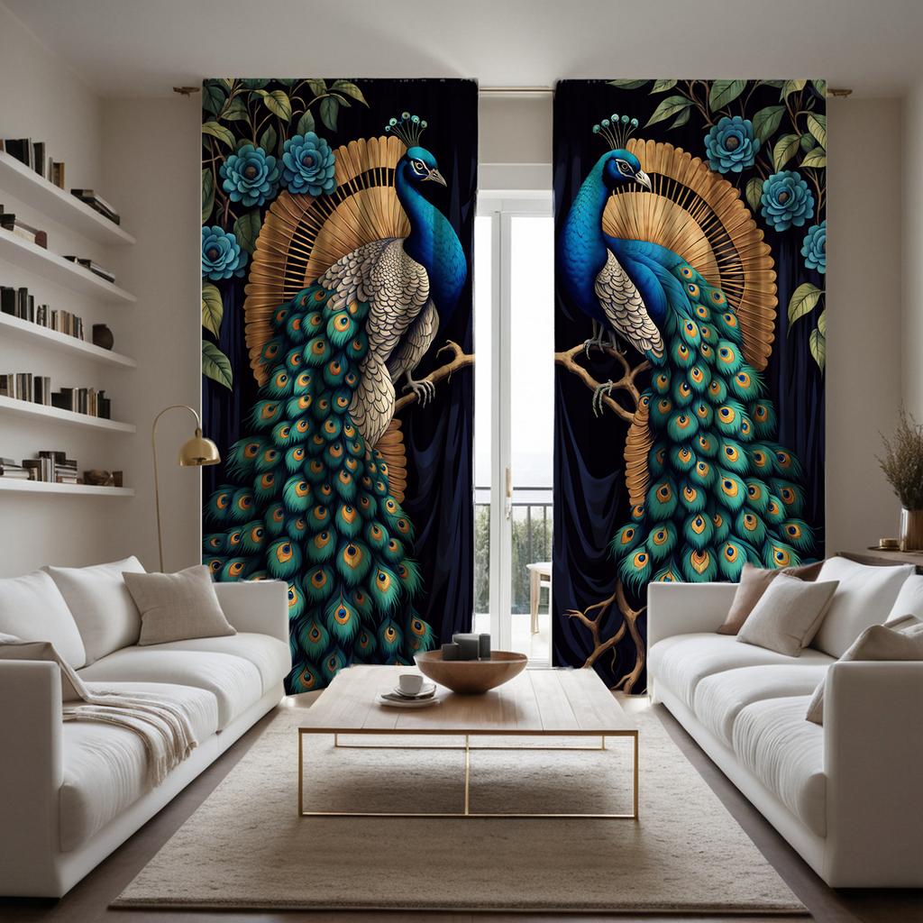 Set Of 2 Hd Digital Blue Series Auspicious Peacock Curtains Home Decorating Style Living Room Bedroom Rodding Curtain Polyester Ideal For Great