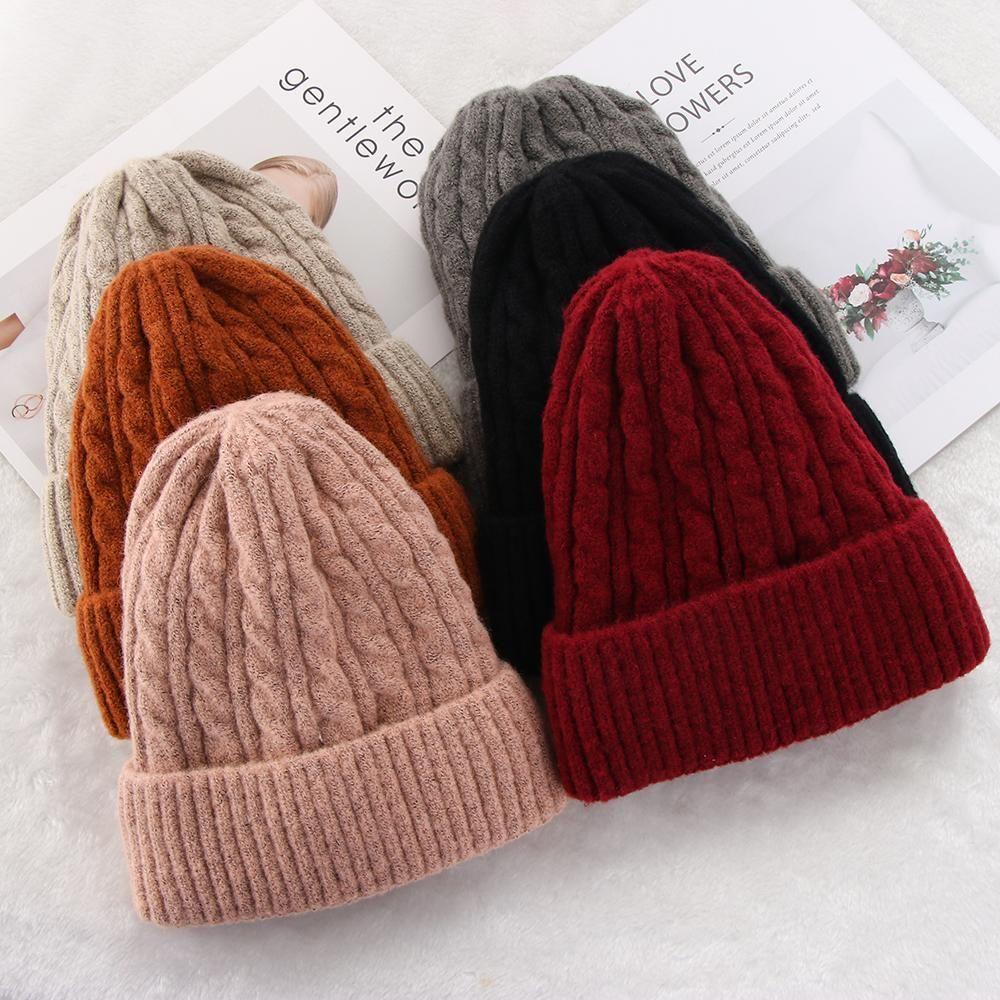 New Solid Color Soft Slouchy Bonnet Casual Ski Hats Thick Fleece Hedging Cap Wool Knitted Beanies