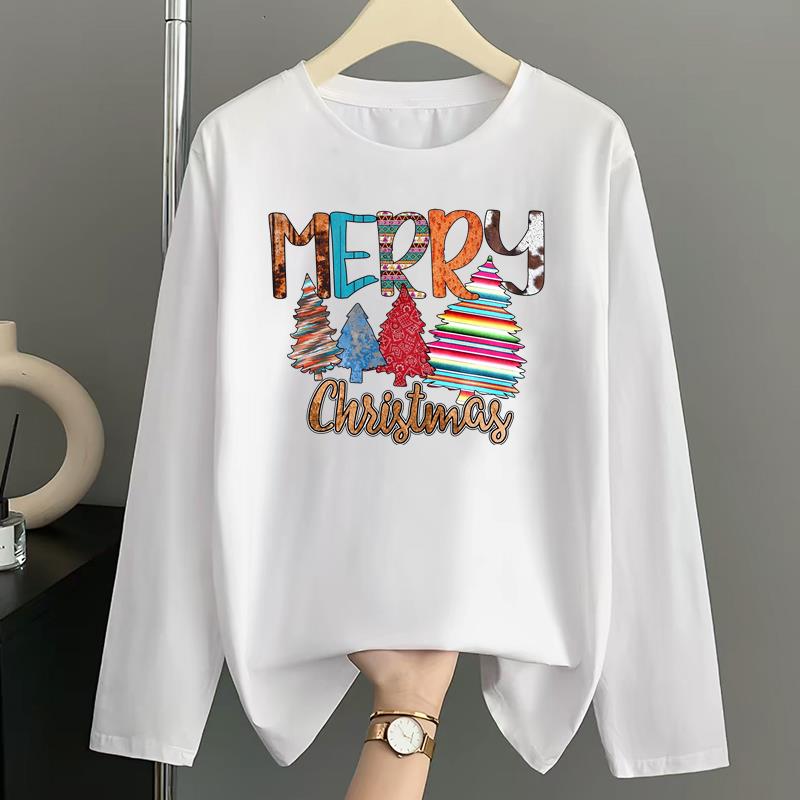 (Asian Size) leopard tree cute Print T Shirt Christmas holiday Graphic Tee Women autumn winter Casual Fashion Top Clothing Long Sleeve T-shirts