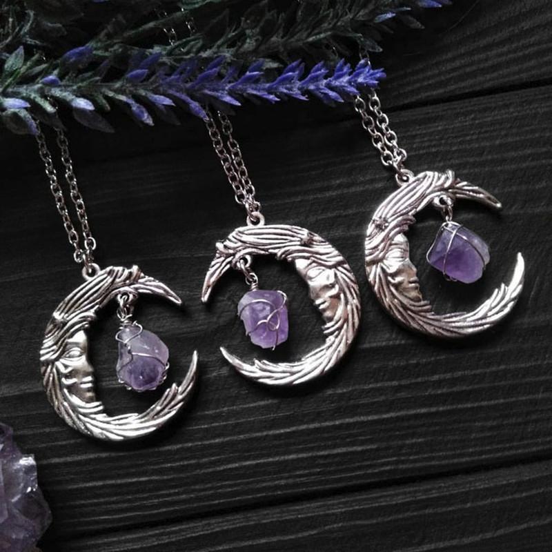 Gothic Purple Crystal Crescent Moon Branches Necklace Witch Pendant Fantasy Forest Twig Women Jewellery Statement Wedding Wicca