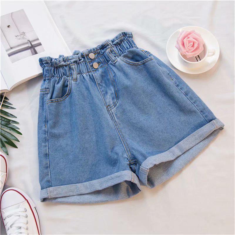 GMXIA Thigh Chunky Denim Shorts Women's Plus-size Bracteel Elastic Waist Slimming Loose Rolled Edge Wide Leg A-line Hot Pants
