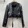 Jaqueta curta de couro retrô americana para mulheres outono novo anel de metal motocicleta desgaste pu jaqueta de couro top