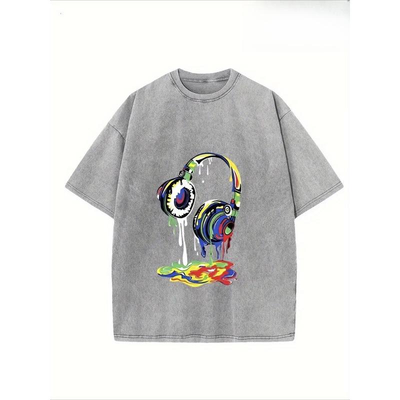 Colorful And Cool Headphone Printed T-Shirt, Wax Printed Cotton Retro Fashion Brand T-Shirt, Suitable for Summer T-Shirt with a Certain Thickness