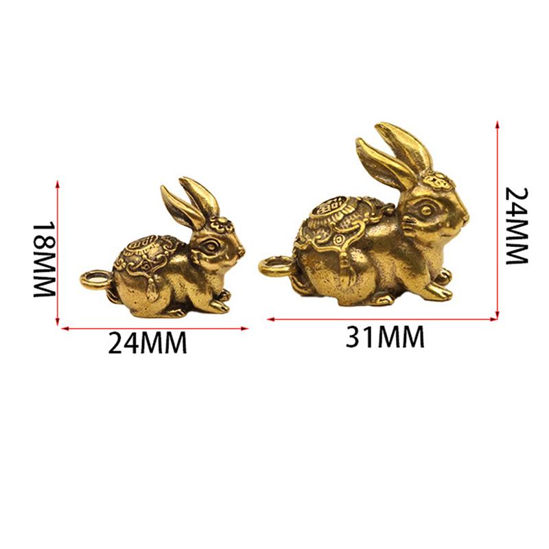 Chinese Year Antique Solid Copper Zodiac Lucky Rabbit Statue Ornament Vintage Copper Key Chain Figurine Decoration