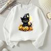 Sweatshirt à col rond pour enfants, Chat noir mignon, Sorcière, Citrouille, Imprimé Halloween