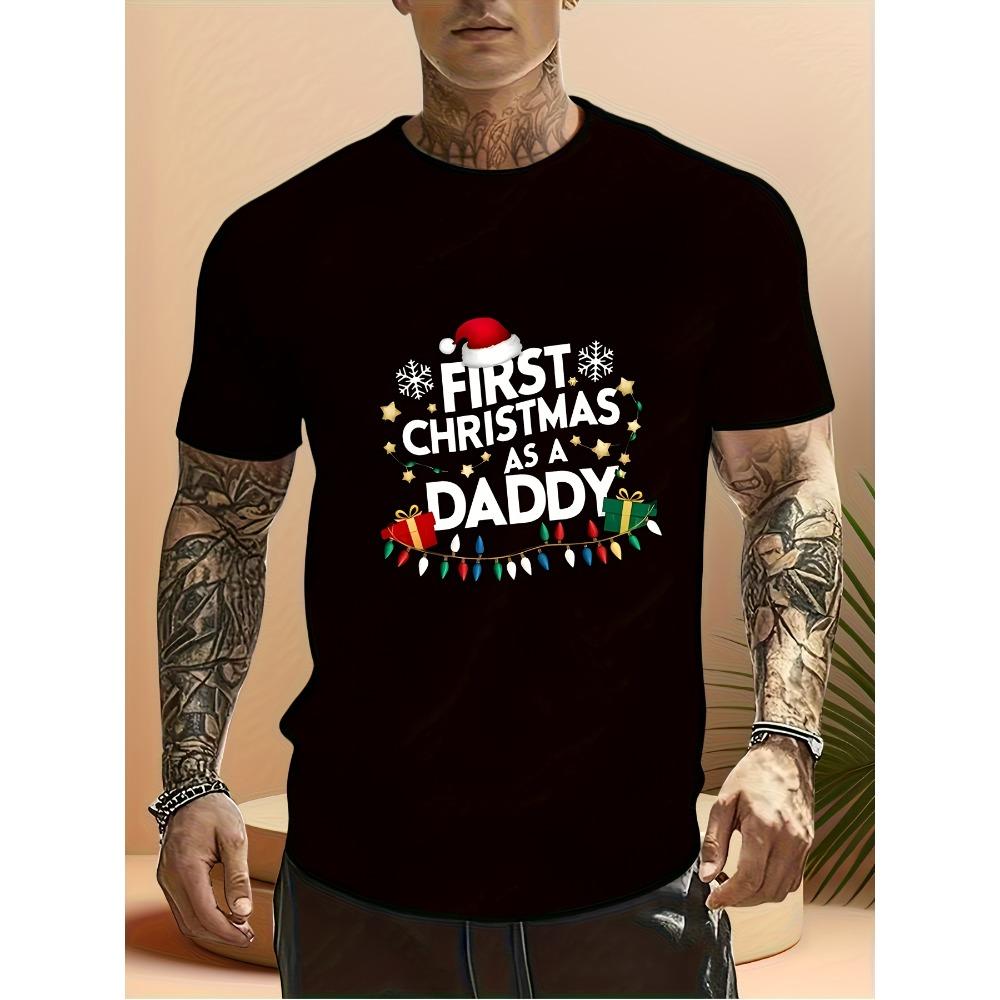 European Sizes Men's Humorous And Interesting Design 'First Christmas Dad' Announcement T-Shirt - a Birthday Gift for New Dads