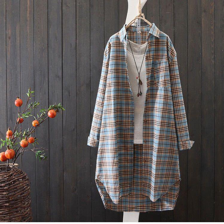 2026 Plus Size Women's Plaid Shirt: Spring Summer Korean-Style Temperament, Loose Cotton Linen Thin Jacket, Hong Kong Style