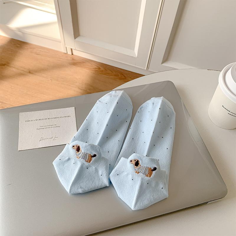 Spring and Summer Children's Thin Style Short Socks with Polka Dots, Cute Cartoon Dachshund Embroidery, Spring Cotton Short Tube Trendy Socks