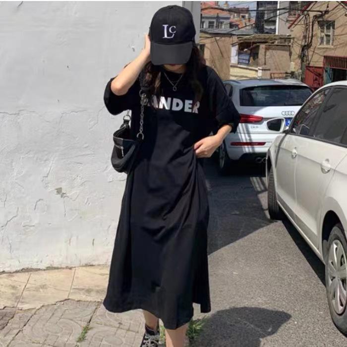 Ins Korean Short-sleeved Dress Women's Summer New Large Size Loose Lazy Style Medium and Long Knee Split T-shirt Skirt