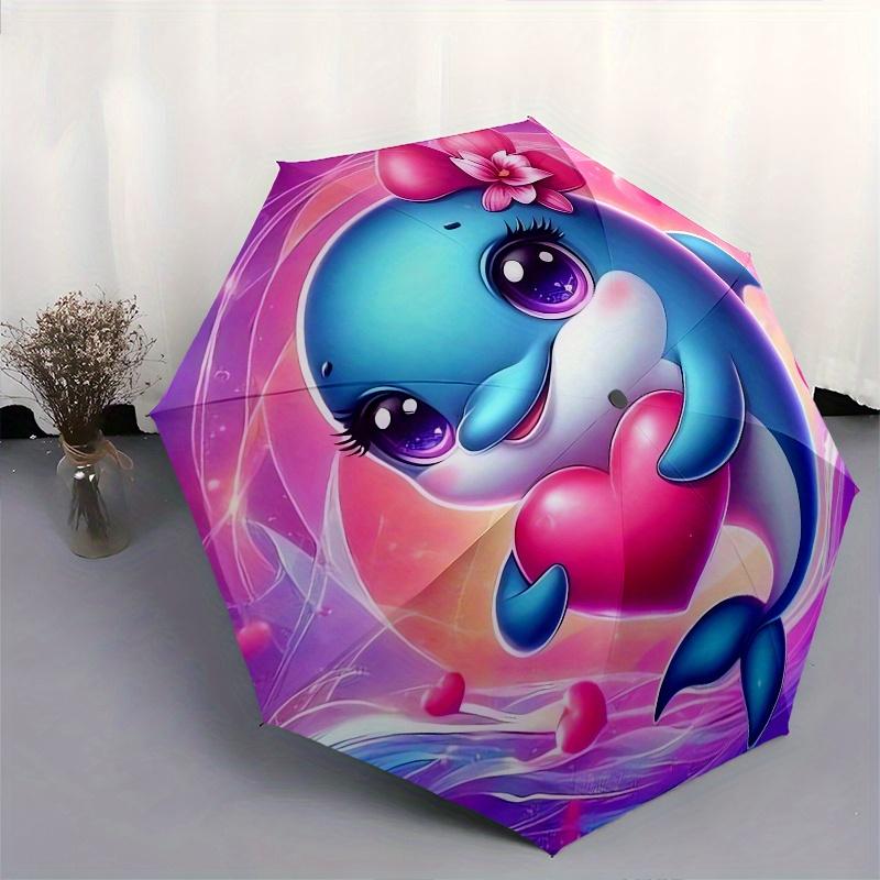 Dolphin Love Automatic Folding Umbrella  Simple 8 Rib Design, Bright Cartoon Pattern, Durable Iron Frame, Suitable For Travel, Outdoor, Beac