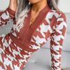 Women Autumn Winter Houndstooth Pack Hip V Neck Long Sleeve High Waist Knitted Dress S-L