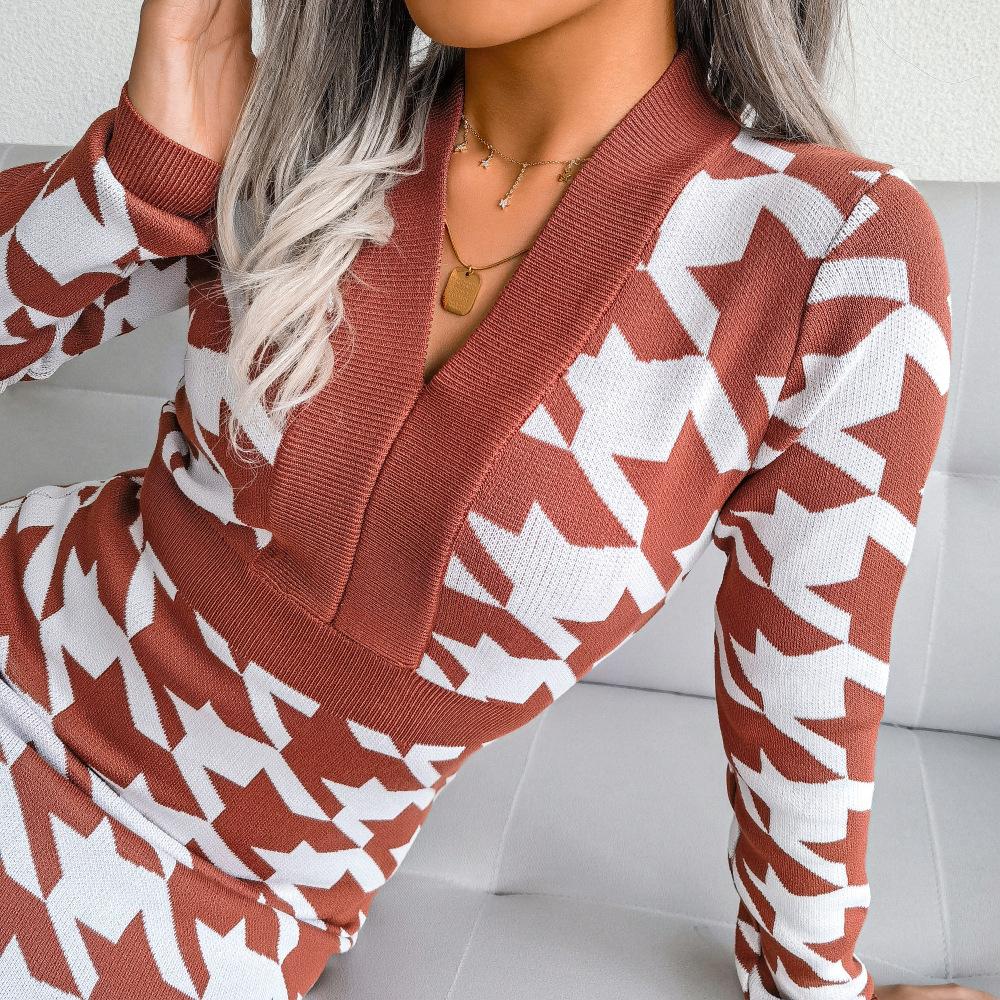 Women Autumn Winter Houndstooth Pack Hip V Neck Long Sleeve High Waist Knitted Dress S-L