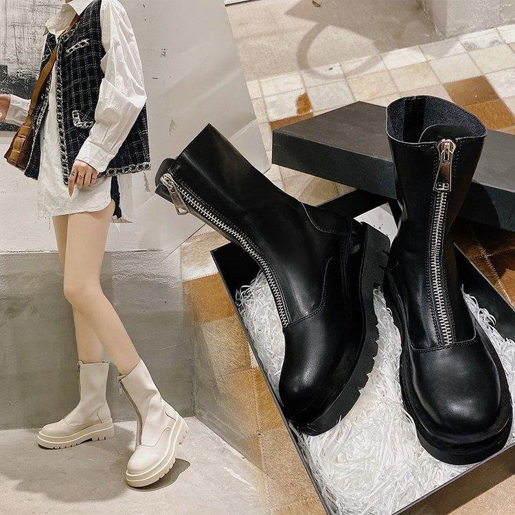 New Front Zipper Chunky Platform Women's Boots Solid Black Beige Boots Women Round Toe High Heel Ankle Boots for Womenhu87 Comfortable Soft Sole Non S