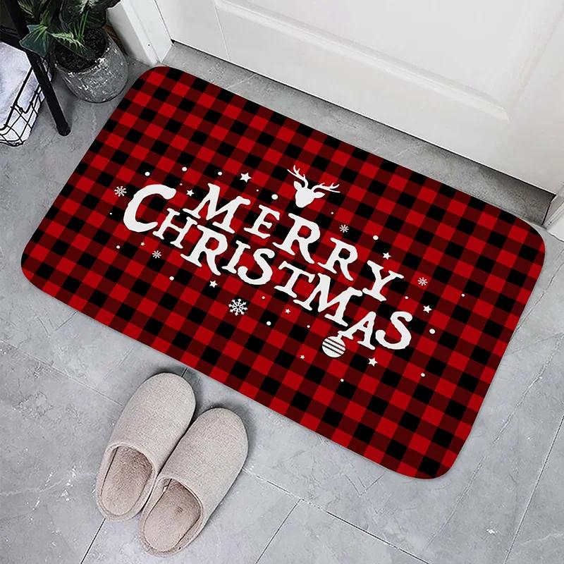 Christmas Buffalo Plaid Check Floor Mat Decorations Winter Xmas Front Door Mat Bathroom Non-Slip Foot Pad Christmas Decorations