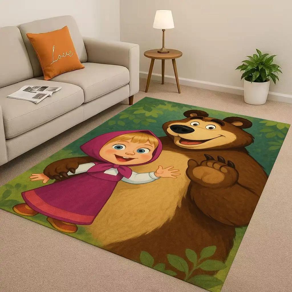 HD Cartoon M-Masha and B-Bear Christmas Gift Living Room Non-Slip Area Rug Carpet for Bedroom Playroom Sofa,Home Decor Doormat