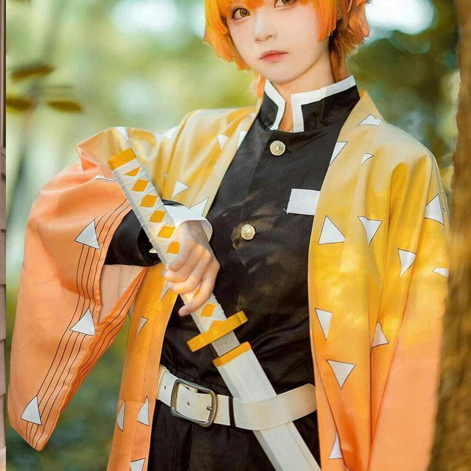 Anime Kimetsu No Yaiba Cosplay jelmez Demon Slayer Agatsuma Zenitsu Cosplay Kimono Capes nadrág felső Halloween jelmez sárga