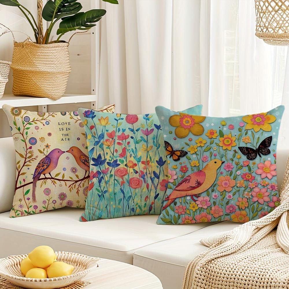 Colorful Floral and Bird-Printed Pillowcases: Add a Touch of Nature's Charm! Sofa Cushion Cover Home Room Decoration