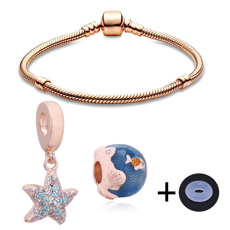 Classic Simple Charm Bracelets With Rose Gold Feather Love Heart Beads Bracelet Bangles For Women Jewelry