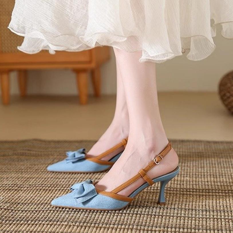 Sling Women's Shoes Pointed Toe Heels Denim Bow Sandals Women Slingback Dress Party Fashion Heeled Sandals Summer Pumps Slides