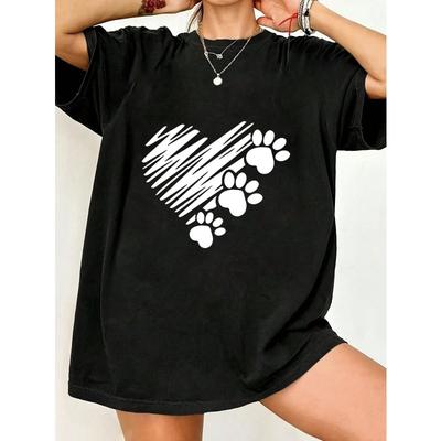 Black Oversized T Shirt With Paw Print Heart Design For Casual Wear And Pet Lovers