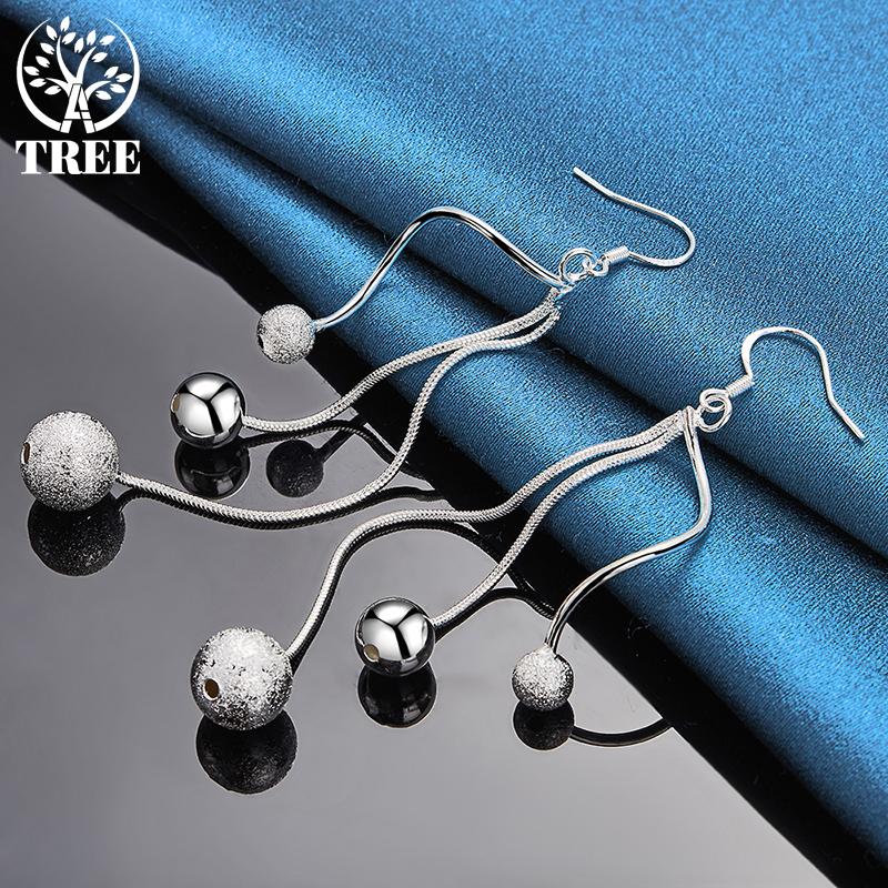 925 Sterling Silver Smooth Frosted Beads Ball Drops Earrings Jewelry