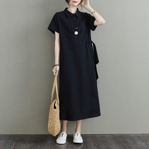 Summer Cross-border New Japanese Solid Color Cotton and Linen Lapel Short-sleeved Loose Dress Women's Medium and Long