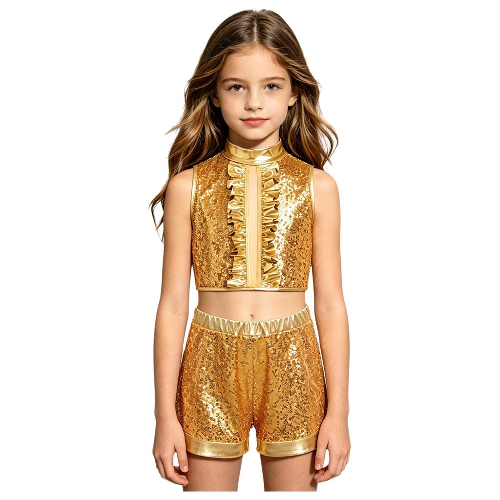 Girls Sequin Metallic Jazz Dance Outfit Mock Neck Sleeveless Back Invisible Zipper Ruffles Crop Top Shorts Set