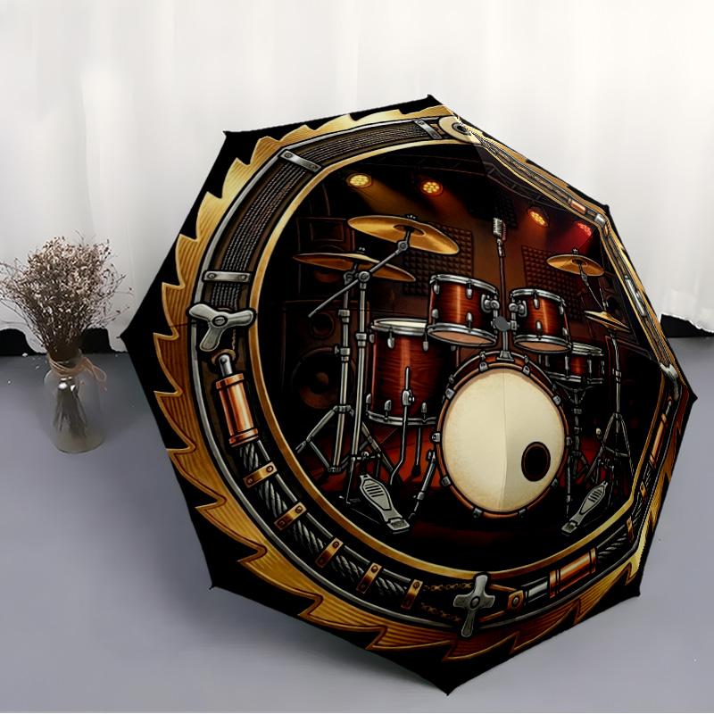 Golden Drum Stage Pattern Umbrella, Portable and Foldable Design, 8 Ribs, a Casual Accessory for Halloween, Christmas, and Birthday Gifts.