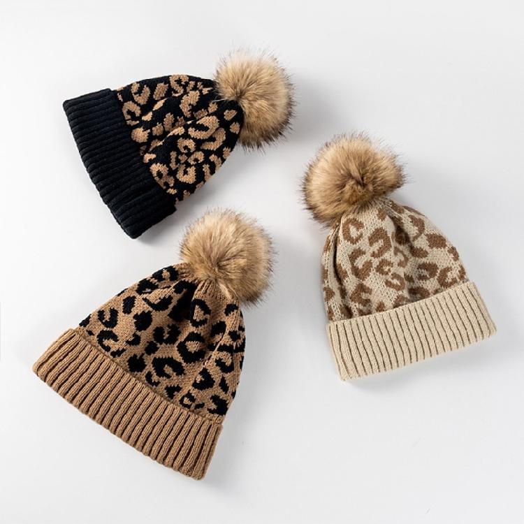 Leopard-print Knitted Wool Cap for W/Pompon Women Beanie Outdoor Casual Winter H