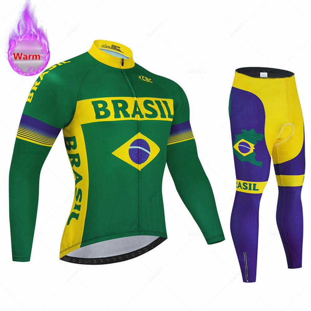 Brazil Winter Thermal Fleece Cycling Jersey Set Sports Team Bike Suit Mountian Bicycle Clothing Ropa Ciclismo Invierno Hombre