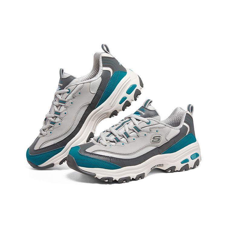 Skechers DLites 1.0 Uranus Leather Trendy Low-Top Dad Shoes Women Sneaker White Blue Gray 896262-GYBL