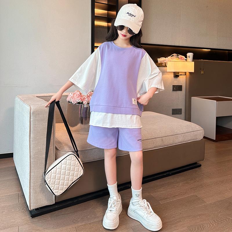Korean Style Girls' Short Sleeve Top & Shorts Set, Summer 2025