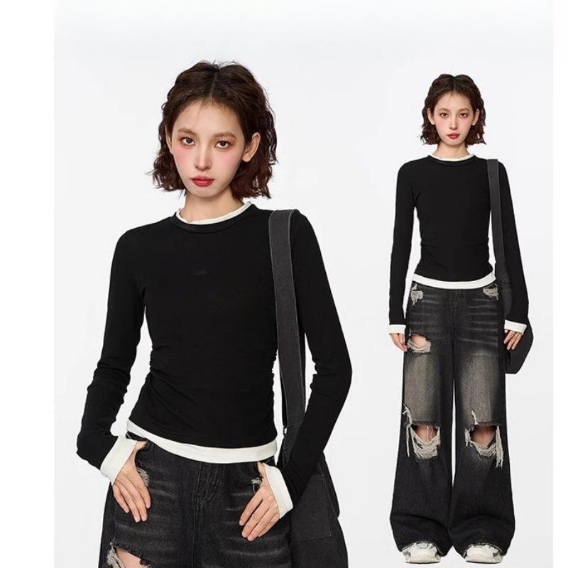 Black Faux Two-Piece Long-Sleeve T-Shirt - 2024 Spring/Autumn Pleated Color Block Slimming Fashion Top
