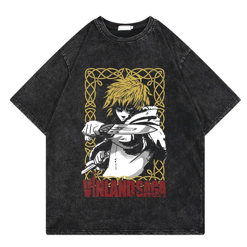 Vinland Saga Anime Vintage Washed Tshirt Graphic Print Hip Hop Streetwear Loose Y2k Summer Short Sleeve Cotton Top