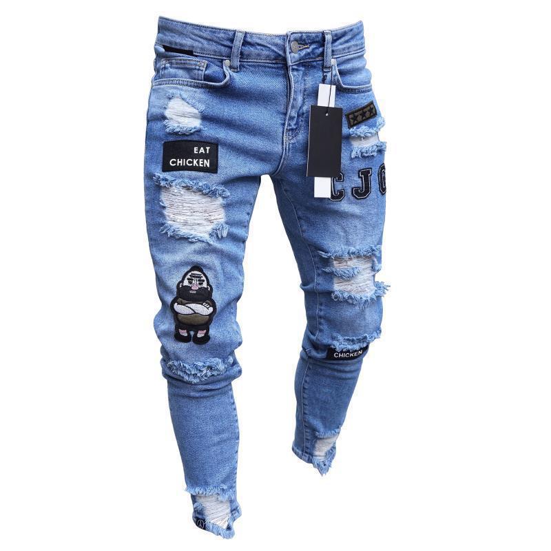 European and American Men's Ripped Badge Skinny Jeans