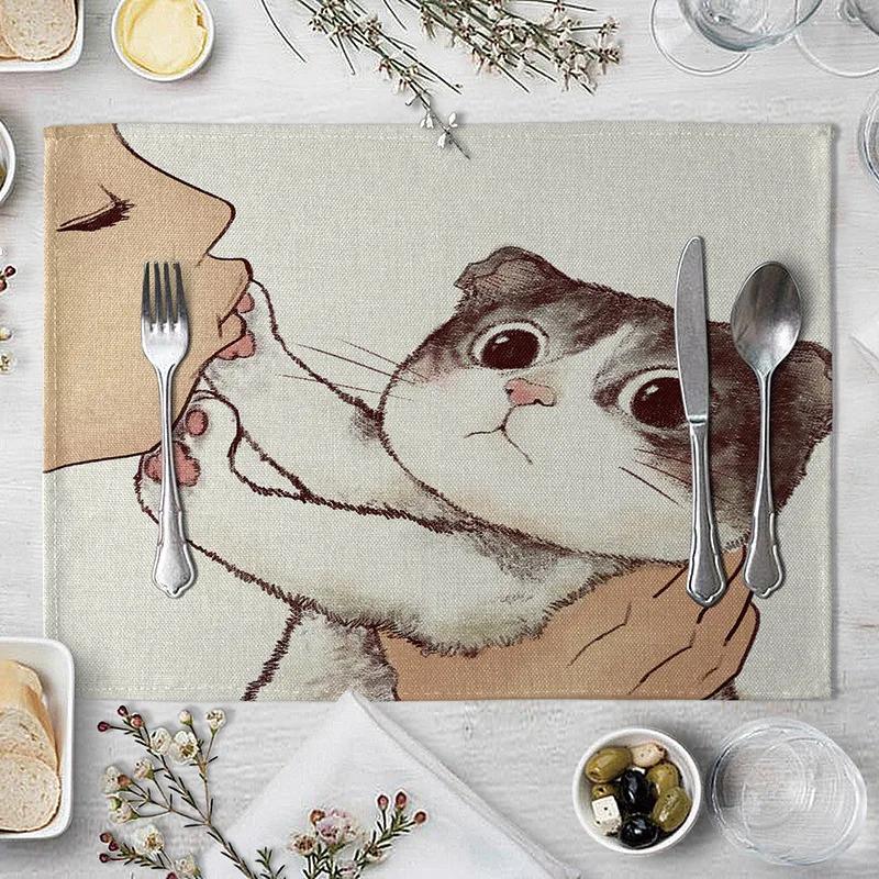 40x30cm Linen Cat Print Table Mat Cute Cat Cartoon Animal Pattern Placemats For Children Kids Kitchen Dining Place Mats Pads