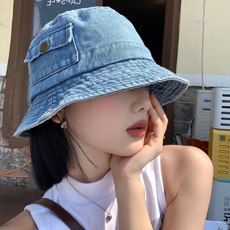 Korean Denim Bucket Hat for Women Vintage Solid Color Fisherman Cap Summer Outdoor Travel Girls Panama Sun Hats