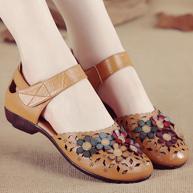 Fashion Retro Floral Flats Luxury Sandals Women Designers Cutout Mary Jane Shoes Ladies Genuine Leather Leather Flat Sandals With Strap
