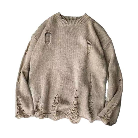 Men Fall Winter Sweater Ripped Hole Solid Color Round Neck Knitted Retro Japanese Style Mid Length Loose Long Sleeve Soft Warm Pullover Men Sweater