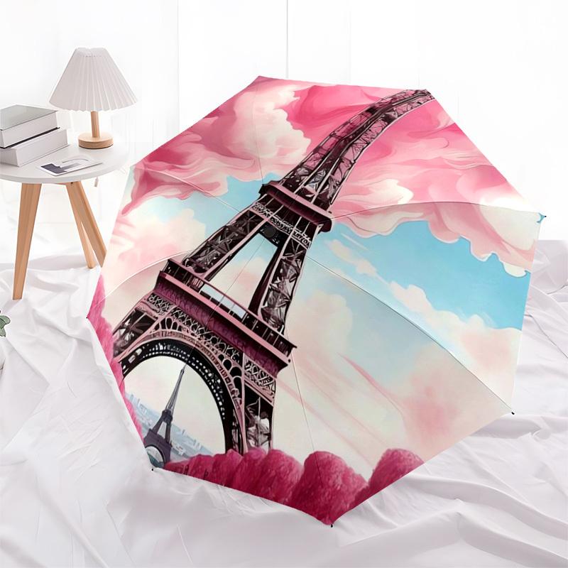 1pc Eiffel Tower Pink Clouds Paris Romance Umbrella with Plastic Handle,Suitable for All Seasons Home Travel Outdoor UmbrellaDD369