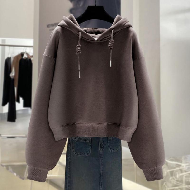 Women's Hooded Sweatshirt with Fleece New Autumn and Winter Fashionable Solid Color Versatile Casual Long-sleeved Top