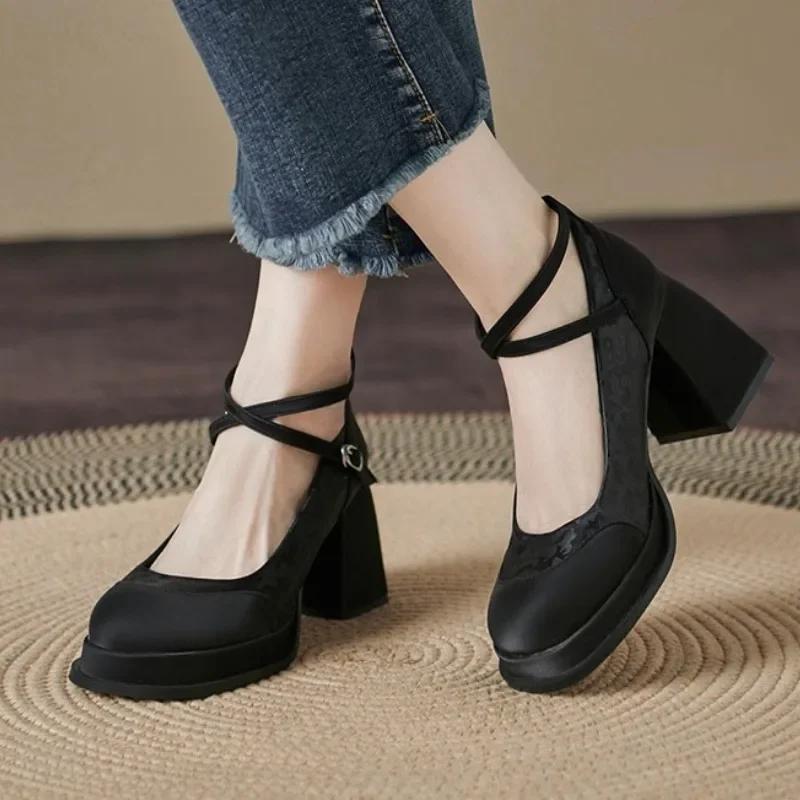 Fashion Women's Shoes On Sale 2024 Fashion Ankle Strap Women's Pumps Autumn Round Toe Buckle Solid Sexy Dress Chunky Heel Shallow Shoes