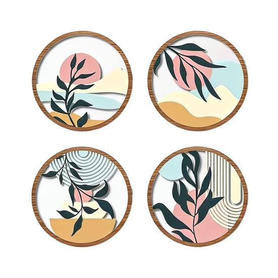 4 Pcs Boho Wall Art Round Bohemian Sunset Wooden Minimalist Poster for Farmhouse Abstract Plant Hollow Out Wall Hanging Decor for Living Room Bedroom