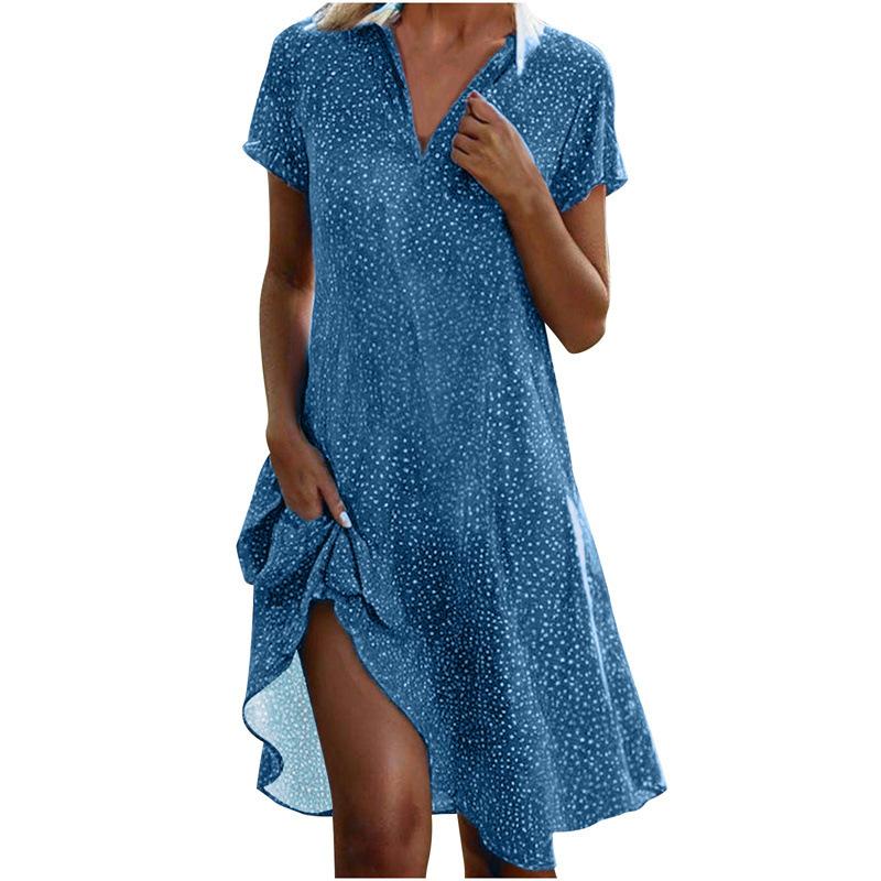 Women Summer Midi Dress V-Neck Short Sleeve Printed Polka Dot Long Dress