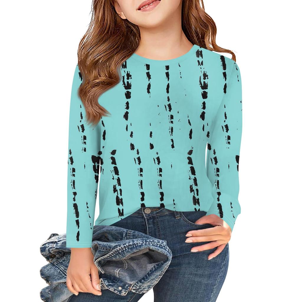 Girls Long Sleeve T Shirts Kids Fall Tops Crewneck  Stripe Printed Basic Tees 5-14Y
