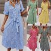Summer Floral Dress Women Casual Print Dress V-Neck Midi Dresses Female Short Sleeve Button Loosed Dress Holiday Beach Vestidos